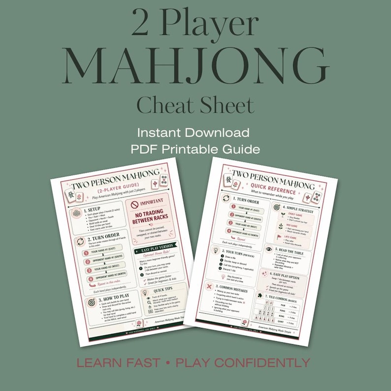 May include: A two-page printable PDF guide for 2-player Mahjong. The sheets feature black text, red accents, and icons on a white background, detailing setup, turn order, strategy, and tile combinations for the game of American Mahjong.
