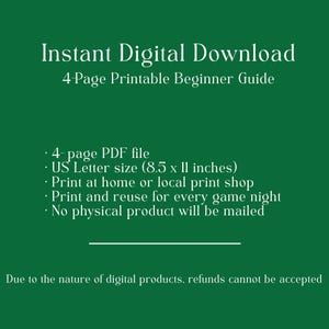 May include: Green digital download graphic with white text: "Instant Digital Download, 4-Page Printable Beginner Guide." Details include a 4-page PDF file, US Letter size (8.5 x 11 inches), and print instructions.