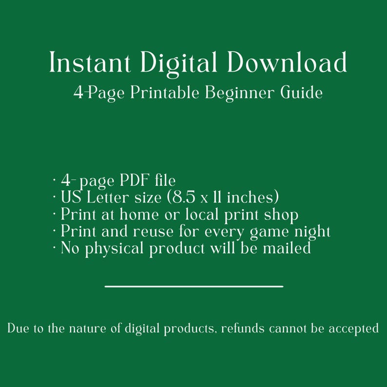 May include: Green digital download graphic with white text: "Instant Digital Download, 4-Page Printable Beginner Guide." Details include a 4-page PDF file, US Letter size (8.5 x 11 inches), and print instructions.