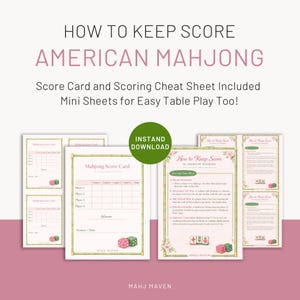 May include: A collection of printable American Mahjong score cards and cheat sheets. The design features a pink and green color scheme with floral accents and dice illustrations. Text includes "How to Keep Score" and "American Mahjong".
