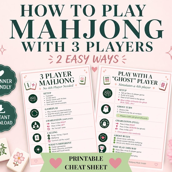Cómo jugar al Mahjong con 3 jugadores (imprimible) / Guía rápida de Mahjong americano / Reglas de Mahjong para 3 personas / Guía del jugador fantasma / Descarga instantánea