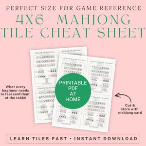 Könnte beinhalten: Ein 4x6 Mahjong-Cheat-Sheet mit dem Text "Perfect Size for Game Reference". Das Bild enthält den Text "Printable PDF at Home" und "Learn Tiles Fast - Instant Download."