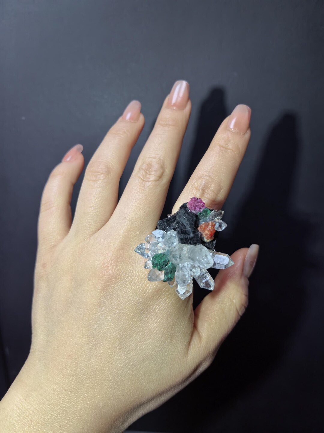 Raw Multi-mineral Crystal Statement Ring, Black Tourmaline, Herkimer ...