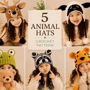 Può includere: Una collezione di cinque cappelli animali all'uncinetto con disegni di cervo, pecora, rana, procione e leopardo. Il testo centrale recita 5 ANIMAL HATS CROCHET PATTERN. Ogni cappello è realizzato in filato e include paraorecchie con pon-pon.