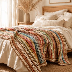 May include: A rectangular crochet blanket featuring a repeating pattern of horizontal stripes in various colors including pink, blue, yellow, and green, finished with a cream-colored border and a textured, open-work stitch design throughout the fabric.