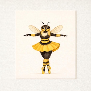 May include: A whimsical illustration of a bee dressed as a ballerina. The bee has a yellow tutu, black and yellow striped legs, and yellow ballet slippers. Its wings are spread, and it is posed gracefully on a white background.