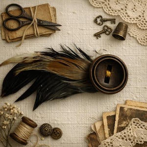 May include: An assortment of vintage craft supplies, including antique scissors, keys, a thimble, and a large wooden button with a feather accent. The items are arranged on a textured, off-white surface, evoking a rustic, handcrafted aesthetic.