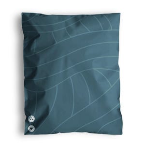 May include: A teal-colored shipping bag with a repeating pattern of curved lines in a lighter shade of teal. The bag has two small circular logos on the lower left side.