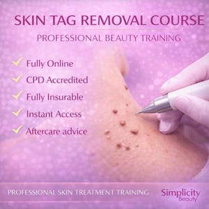 May include: An advertisement for a skin tag removal course. The image shows a gloved hand using a device on skin tags. Text includes "Skin Tag Removal Course" and "Professional Beauty Training." Further text highlights online access and accreditation.