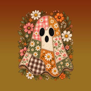 May include: A ghost illustration composed of various patchwork fabric patterns including pink gingham, white daisies on green, and black and white checks. The ghost is surrounded by a vibrant arrangement of orange, pink, and white flowers and green leaves.