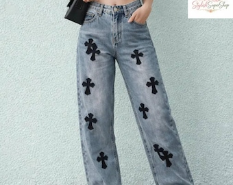 Black Gothic Cross Patch Jeans, Streetwear Straight Leg Denim, Y2K Grunge Pants