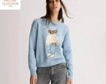 Blue Bear Graphic Sweater Women,  Knit Jumper, Cozy Fall Winter Outfit, Trendy  Clothing