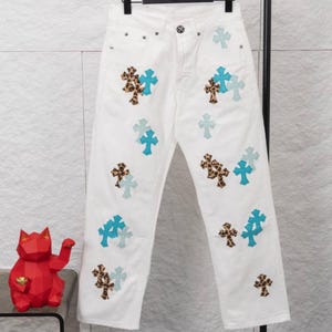 White Cross Patch Jeans, Unisex Fashion Streetwear Denim Pants, Leopard & Blue Cross Design