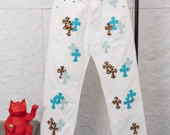 White Cross Patch Jeans, Unisex Fashion Streetwear Denim Pants, Leopard & Blue Cross Design