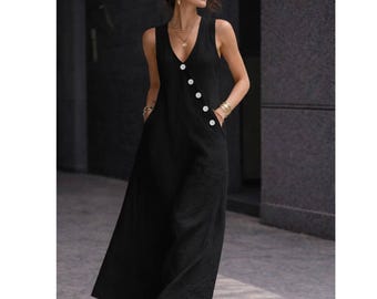 Casual Loose Fit Long  Maxi Dress Women | Sleeveless Button Front Dress