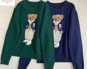 Teddy Bear Knit Sweater, Unisex Casual Bear Crewneck