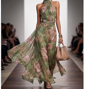 off white floral tiered halter maxi dress Black and Ivory Floral Satin Mock Halter Neck Tiered Maxi Dress main image 0