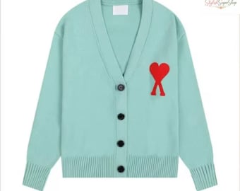 Heart Logo Cardigan Sweater, Unisex Knit Button Cardigan