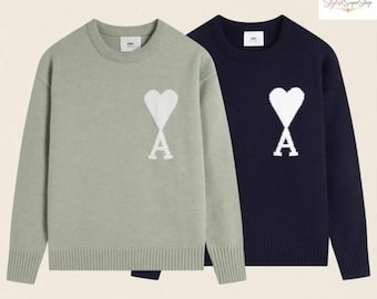 Unisex Heart Logo Sweater, A Letter Heart Knit Pullover, Minimalist Crewneck Sweater