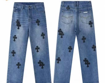 Y2K Streetwear Denim Pants, Unisex Blue Cross Straight Leg Jeans