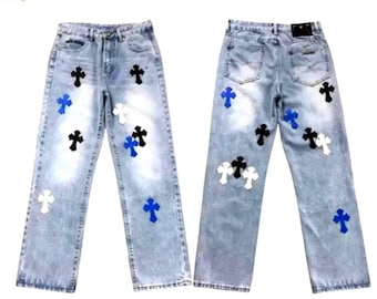 Light Blue Cross Patch Jeans, Y2K Streetwear Denim Pants