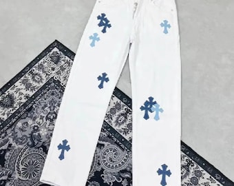 White Cross Patch Jeans, Y2K  Straight Leg Denim, Gothic Streetwear Pants