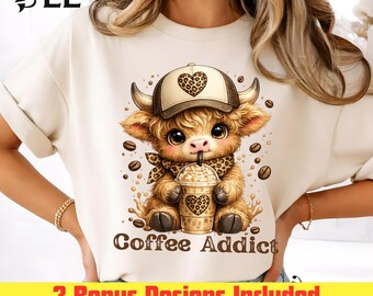 Highland Cow PNG: Coffee Addict PNG Leopard Bow Retro Striped Coffee Quote Coquette Coffee Lover PNG (Digital Download)
