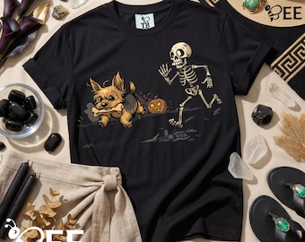Yorkie Skeleton Chase PNG: Spooky Halloween Yorkshire Terrier Dog Clipart (Digital Download)