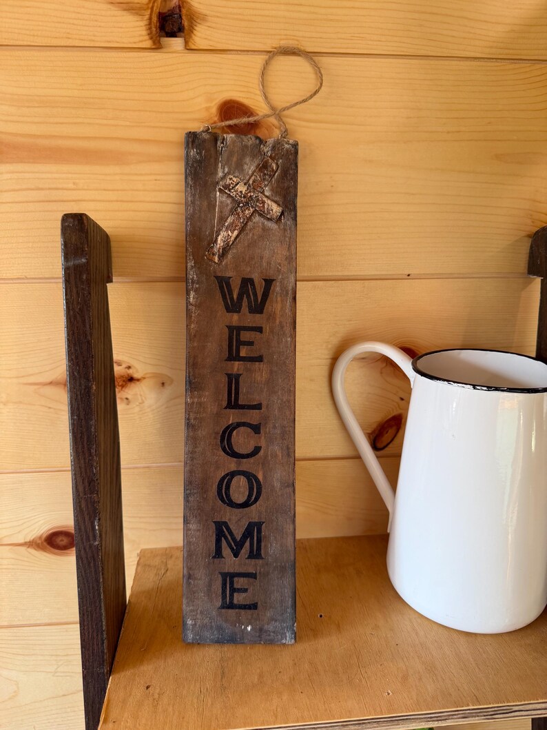 Wellcome Pitcher Handcrafted Rustic WELCOME With Handcut METAL CROSS Wood Sign ...