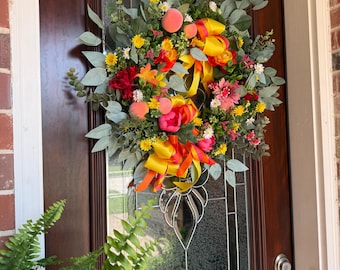 Wildflower Peach Wreath for Front Door: Peaches, Pink Peonies, Yellow Wildflowers, Eucalyptus Door Decor