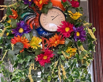 Corona colorida de gallo estilo granja con termómetro / Corona de verano para la puerta principal