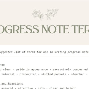 May include: A cream-coloured graphic with the text "PROGRESS NOTE TERMS" in a muted green font. Below, a list of terms for writing progress notes is displayed, categorised under "Appearance" and "Conduct and Reactions".