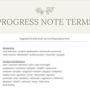 May include: A cream-colored document with the title "PROGRESS NOTE TERMS" and a list of terms for writing progress notes. The list is divided into "Appearance" and "Conduct and Reactions" categories, with terms like "neat and clean" and "alert".