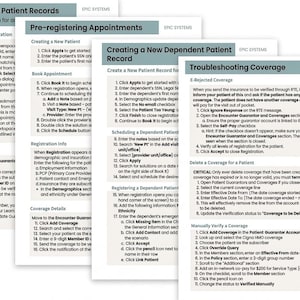 Peut inclure: Un ensemble de quatre documents pédagogiques blancs intitulés Creating New Patient Records, Pre-registering Appointments, Creating a New Dependent Patient Record et Troubleshooting Coverage, avec du texte noir et des en-têtes gris marqués Epic Systems.