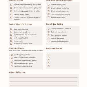 May include: A white checklist titled "Medical Front Desk Starter Checklist" with sections for opening duties, patient check-in, phone call script, insurance verification, end-of-day duties, and additional duties. Includes checkboxes.