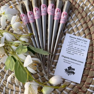 May include: Six silver metallic henna cones arranged in a fan shape, each featuring a pink circular label with the letter P and text. A white rectangular card provides Henna After Care instructions and storage tips next to white flowers.