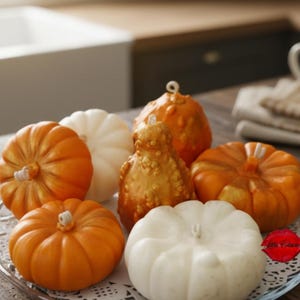 May include: A collection of six pumpkin-shaped candles arranged on a white lace doily. The set includes three orange pumpkins, two white pumpkins, and one central gold-toned gourd, each featuring a small white wick at the top center.