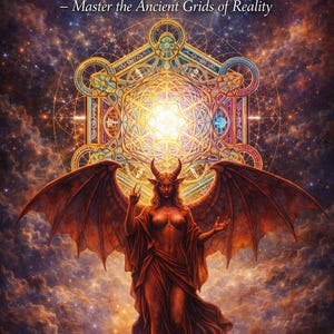 May include: Digital artwork featuring a red-skinned figure with horns and wings, standing before a geometric design. The text "Celestial Architect Attunement" and "- Master the Ancient Grids of Reality" are displayed at the top.