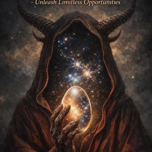 Puede incluir: Ilustración digital artística de una figura con una túnica con capucha sosteniendo un huevo cósmico brillante. Incluye el texto "Cosmic Egg Potential Attunement - Unleash Limitless Opportunities."