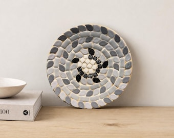 Neutral Mosaic Stone Trivet, Pewter Back, Organic Modern Wabi Sabi Decor