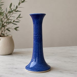 May include: A tall, cobalt blue ceramic vase with a flared base and a slender, cylindrical neck. The vase has a glossy finish and a textured surface. The opening at the top is slightly wider than the neck. The vase is approximately 10 inches tall.