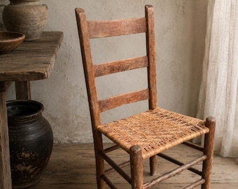 Primitive Ladderback Rush Seat Chair | Rustic Farmhouse Chair | Wabi Sabi Cottage Decor | Early American Primitive Seating