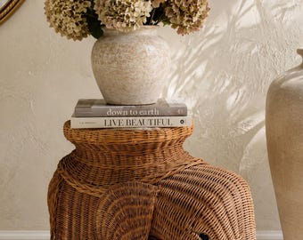Vintage Rattan Elephant Side Table Boho Wicker Plant Stand Decor