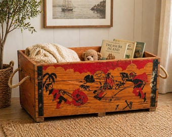 Vintage Pirate Treasure Chest Nautical Wood Trunk Coastal Storage Decor