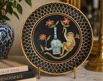 Black and Gold Monkey Plate Chinoiserie Vase Floral Wall Decor Plate