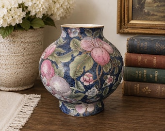Vintage Hand-Painted Floral Vase | Blue Pink Botanical