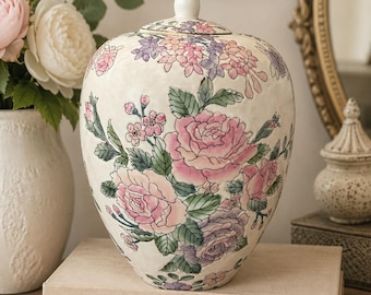 Vintage Floral Ginger Jar With Lid | Hand Painted Ceramic Vase | Cottagecore Decor | Grandmillennial