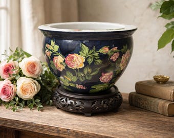 Vintage Chinoiserie Floral Planter with Stand Blue Ceramic Cachepot