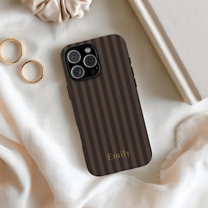 Personalized Brown Stripe Phone Case | Custom Name Neutral Aesthetic iPhone Case | Preppy Vertical Striped Samsung Case | Minimalist Gift