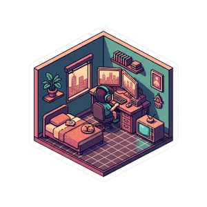 May include: Isometric sticker of a bedroom and workspace. A person wearing headphones sits at a desk with two computer monitors. A bed, window with city view, and a small TV are also in the room. A cat rests on the bed.